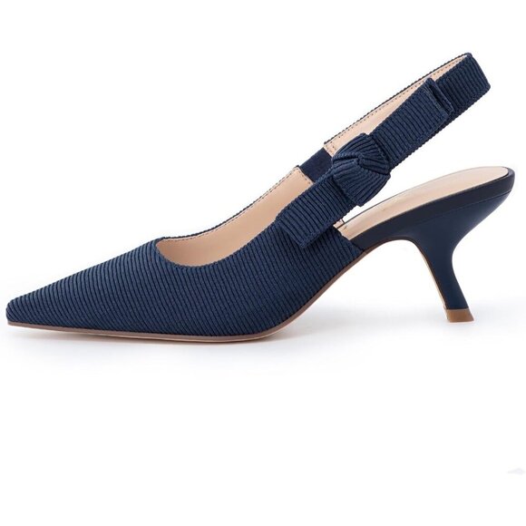 🆕Women's Navy Fabric Sling back Kitten Heels Closed Pointed Toe Bowknot Pumps - Picture 2 of 6